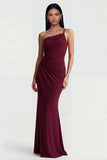 Burgundy One Shoulder Ruched Mermaid Evening Dress