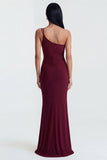 Burgundy One Shoulder Ruched Mermaid Evening Dress
