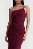 Burgundy One Shoulder Ruched Mermaid Evening Dress