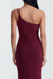 Burgundy One Shoulder Ruched Mermaid Evening Dress