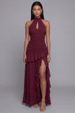 Halter Burgundy Cut Out Ruffled Long Evening Dress with Slit