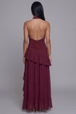 Halter Burgundy Cut Out Ruffled Long Evening Dress with Slit