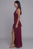 Halter Burgundy Cut Out Ruffled Long Evening Dress with Slit