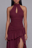 Halter Burgundy Cut Out Ruffled Long Evening Dress with Slit