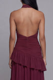 Halter Burgundy Cut Out Ruffled Long Evening Dress with Slit