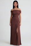 Off The Shoulder Brown Ruched Sheath Long Evening Dress