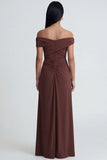 Off The Shoulder Brown Ruched Sheath Long Evening Dress