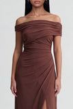Off The Shoulder Brown Ruched Sheath Long Evening Dress
