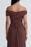 Off The Shoulder Brown Ruched Sheath Long Evening Dress