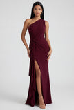 Burgundy One Shoulder Mermaid Ruched Evening Dress with Slit