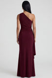 Burgundy One Shoulder Mermaid Ruched Evening Dress with Slit