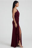Burgundy One Shoulder Mermaid Ruched Evening Dress with Slit