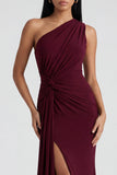 Burgundy One Shoulder Mermaid Ruched Evening Dress with Slit