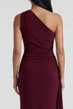 Burgundy One Shoulder Mermaid Ruched Evening Dress with Slit