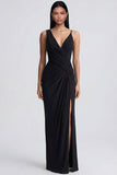 Sheath V Neck Long Black Tie Dress with Slit