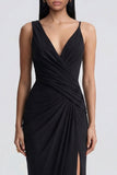 Sheath V Neck Long Black Tie Dress with Slit