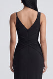 Sheath V Neck Long Black Tie Dress with Slit