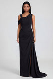 Black Sheath Asymmetrical Neck Long Evening Dress with Slit