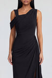 Black Sheath Asymmetrical Neck Long Evening Dress with Slit