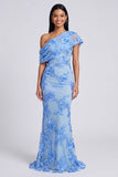 Yellow Mermaid Asymmetrical Neck Maxi Dress with Embroidery