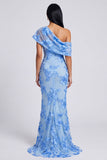 Yellow Mermaid Asymmetrical Neck Maxi Dress with Embroidery