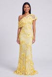 Yellow Mermaid Asymmetrical Neck Maxi Dress with Embroidery