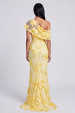 Yellow Mermaid Asymmetrical Neck Maxi Dress with Embroidery