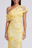 Yellow Mermaid Asymmetrical Neck Maxi Dress with Embroidery