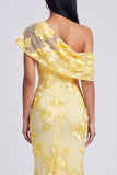 Yellow Mermaid Asymmetrical Neck Maxi Dress with Embroidery