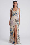 Ivory Sheath Printed Wide Straps Maxi Floral Dress with Slit