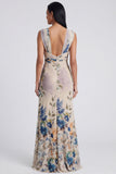 Ivory Sheath Printed Wide Straps Maxi Floral Dress with Slit