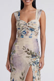 Ivory Sheath Printed Wide Straps Maxi Floral Dress with Slit