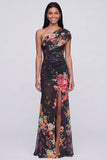 One Shoulder Champagne Sheath Maxi Floral Dress with Slit