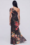 One Shoulder Champagne Sheath Maxi Floral Dress with Slit