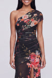 One Shoulder Champagne Sheath Maxi Floral Dress with Slit