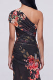 One Shoulder Champagne Sheath Maxi Floral Dress with Slit
