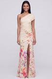 One Shoulder Champagne Sheath Maxi Floral Dress with Slit