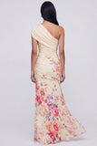 One Shoulder Champagne Sheath Maxi Floral Dress with Slit