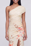One Shoulder Champagne Sheath Maxi Floral Dress with Slit