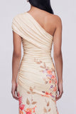 One Shoulder Champagne Sheath Maxi Floral Dress with Slit