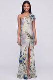 One Shoulder Champagne Sheath Maxi Floral Dress with Slit