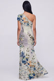 One Shoulder Champagne Sheath Maxi Floral Dress with Slit