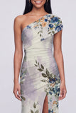 One Shoulder Champagne Sheath Maxi Floral Dress with Slit