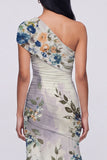One Shoulder Champagne Sheath Maxi Floral Dress with Slit