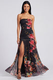 Strapless A Line Printed Ivory Floral Dress with Slit