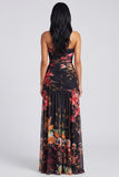 Strapless A Line Printed Ivory Floral Dress with Slit