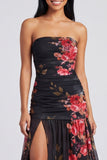 Strapless A Line Printed Ivory Floral Dress with Slit