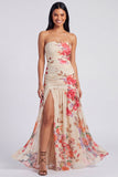 Strapless A Line Printed Ivory Floral Dress with Slit