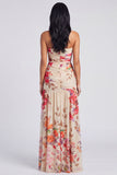 Strapless A Line Printed Ivory Floral Dress with Slit