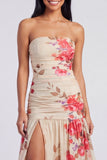Strapless A Line Printed Ivory Floral Dress with Slit